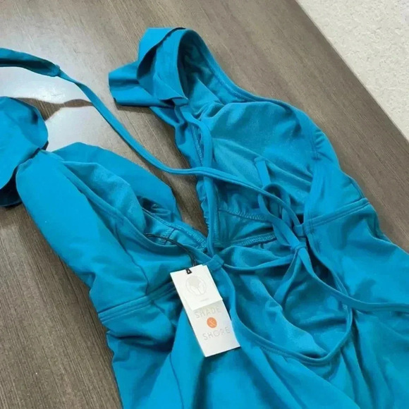 SHADE & SHORE - WOMEN'S ONE-PIECE TEAL CHEEKY SWIMSUIT RUFFLES STRAPS L (12-14) - Picture 12 of 14